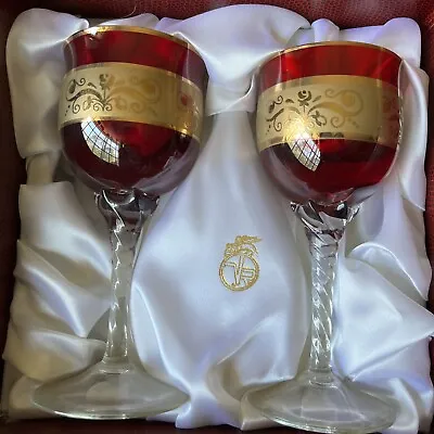 Venetian Murano Glass Pair Of Wine Goblets Ruby Gold COA Box • $80