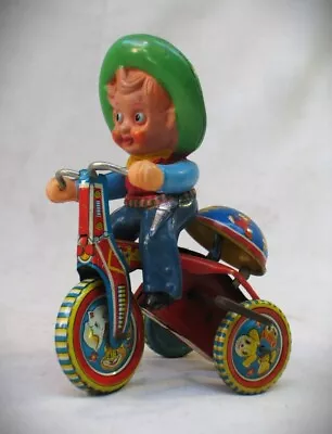 Vintage Wind Up Celluloid Cowboy Riding Tin Tricycle  Made In Japan • $95