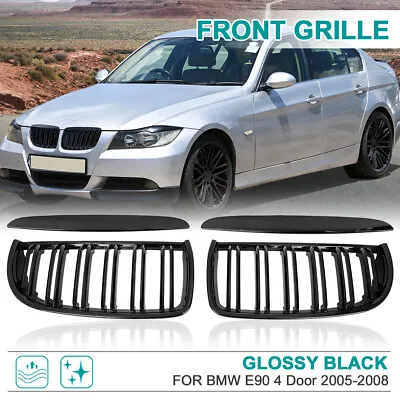 Gloss Black Front Kidney Grille Grill For BMW E90 2005-2008 4 Door Double Line • $49.99