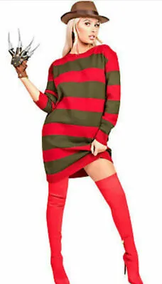£12.99 • Buy Womens Halloween Red And Green Freddy Krueger Fancy Dress Stripe Knitted Jumper