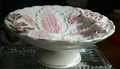 Vintage Ceramic FLORAL FOOTED CAKE FRUIT DESSERT STAND PINK WHITE AND GOLD • $20