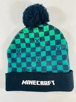 Minecraft Boys/Girls Beanie Hat Checkered Green Black With Pom Pom Youth • $6.39