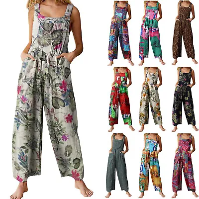 $41.23 • Buy Women's Ethnic Style Patchwork Printed Button Up Jumpsuit With Straps Trousers