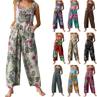 $41.23 • Buy Women's Ethnic Style Patchwork Printed Button Up Jumpsuit With Straps Trousers