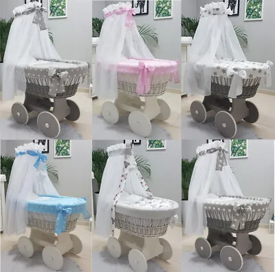 £145 • Buy COMPLETE WICKER MOSES BASKET + CHASSIS With BIG WHEELS BEDDING DRAPE 19 DESIGNS