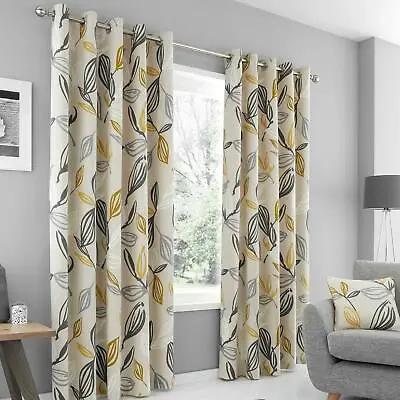 Ochre Eyelet Curtains Ensley Leaf Print Ready Made Ring Top Lined Curtain Pairs • £54