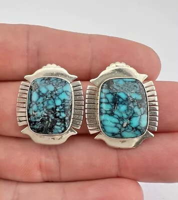 Vtg Navajo Sterling Silver Spiderweb Indian Mountain Turquoise Post Earrings • $184