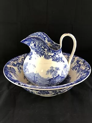 Antique Mintons Genevese Blue White Porcelain Water Pitcher & Bowl SEE DETAILS • $129