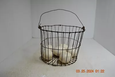 Early Country Farmhouse  Twisted Wire Egg Basket With Eggs And Handle • $15