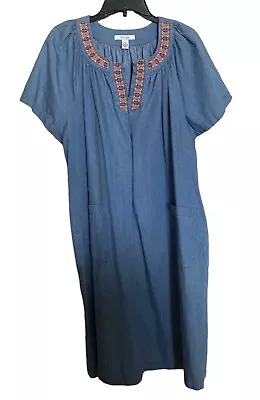 Go Softly Patio Light Wash Cotton Floral Embroidered Mumu Dress Size XL Blue • $30