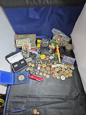 Vintage Junk Drawer Lot Military Coins Tokens Knives Unique Items To Look At • $20