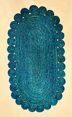 Doormat Jute OVAL Rug Reversible Hand Braided Blue Floor • £9.60