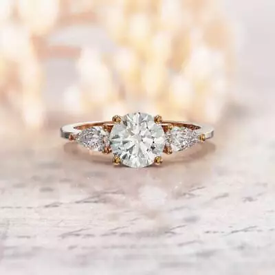 Three Stone Ring 1 Ct Moissanite 6.5 Mm & 2 Pear Cut Accents 5x3mm 10k Rose Gold • $200