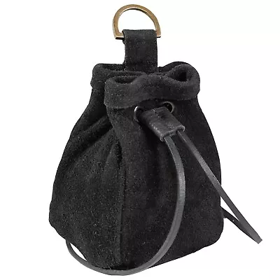 Medieval Belt Pouch Renaissance Drawstring Genuine Leather Waist Bag Black Suede • $24.99