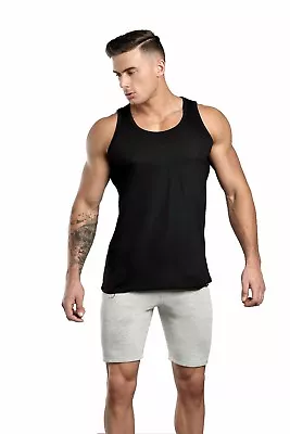 Vests Mens-Fitted-Stretch-100%Pure-Cotton-Gym-Top-Summer-Training-TankTop • £5.39
