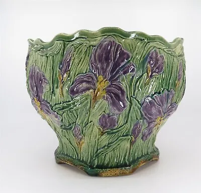 Beautiful Antique Majolica Irises Jardiniere 568 10 Chop 11  Diam X 8.5  Tall • $357.33