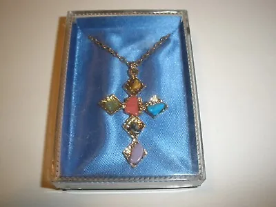 Vintage International Gemstone Pendant Necklace Cross In Box • $22.49