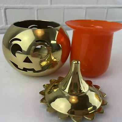 Halloween Jack-O-Lantern Brass Votive PartyLite  Candle Holder Orange Glass • $36.93