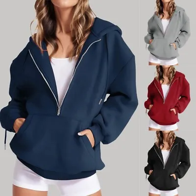 Womens Half Zip Hoodies Sweatshirt Blouse Sports Long Sleeve Hoody Jumper Tops • £27.96