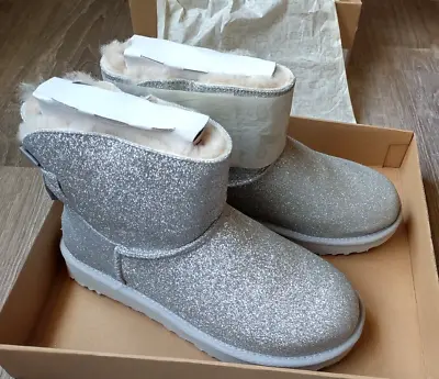 UGG Boots Mini Bailey Silver Sparkle With Bow Women's Size 9 NIB  • $106.75
