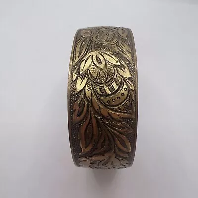 Antique Floral Flat Brass Embossed Bangle Bracelet With Slot Hook Clasp • $15