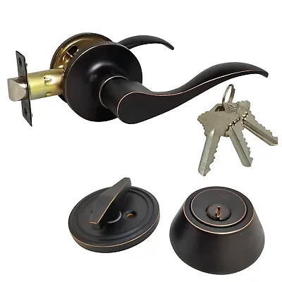 New Passage Lever And Keyed Deadbolt Lock Set Entry Sc1 Oil Rubbed Bronze • $29