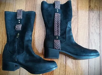UGG Boots Size8 Black Leather/suedeside Zip Brown Trim Ladies 11  S/N 1004206 • $21.25