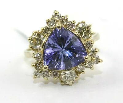 Trillion Cut Tanzanite & Diamond Halo Solitaire Ring 14K Yellow Gold 4.42Ct • £1832.43