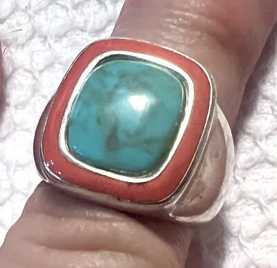 Vintage FAS Sterling Silver 925 Turquoise & Coral Ring Size 7  8.4g • $69