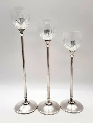 £17 • Buy Set Of Three Graduating Sizes Vintage Glass And Metal Holders For Taper Candles.