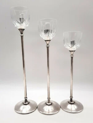 £17 • Buy Set Of Three Graduating Sizes Vintage Glass And Metal Holders For Taper Candles.