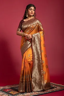 $38.95 • Buy Bollywood Designer Mustard Silk Saree Traditional Jacquard Woven Wedding Sari