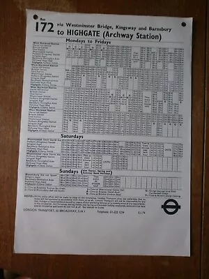 London Transport Bus Stop Timetable Panel-Route 172 1974 • £1.50