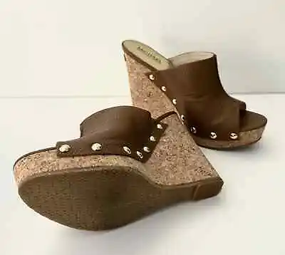 Michael Kors Belinda Mule Mocha Leather And Gold Studded Cork Wedge Heels 8M • $75