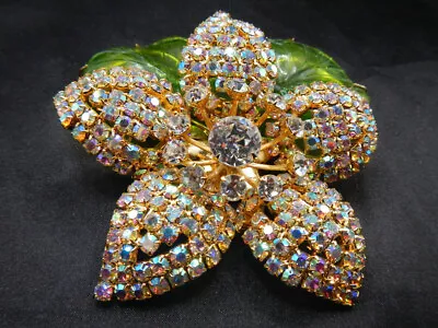 Vrba Brooch - Vibrant Rhinestones With Green Leaves • $499