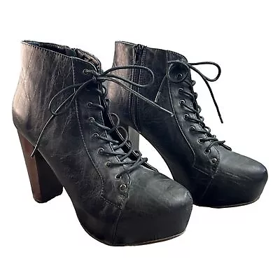 Bucco Black Lita Platform Ankle Boots Chunky Heel Size 9 Lace Up Witch Goth Shoe • $40
