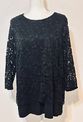 J Jill Women’s Size XL Black Floral Lace Layered 3/4 Sleeve Top Blouse • $25