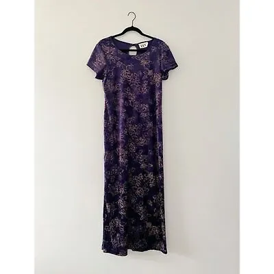 Vintage Velvet Maxi Dress Purple Floral Print Short Sleeve Keyhole Neck • $26.99