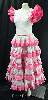 Artesania Folk Gown Traditional Spanish Dress Hot Pink Ruffle Dance S 9 NEW VTG • $159.95