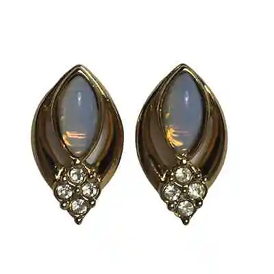 Vtg Signed AVON Fire Opal Glass Cab Gold Tone Rhinestone Pierced Earrings • $14.75