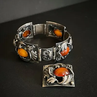 Natural Amber Antique Bracelet Bangle Brooch Sterling Silver Danish Design 60g • $999