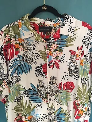 No Boundaries Hawaiian Shirt Men 46 L Jaguar Floral Jungle Animal Print Rayon • $14.50