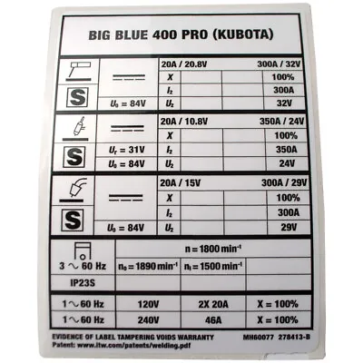 Miller 278413 Label Rating Card Big Blue 400 Pro Kubota • $35.99