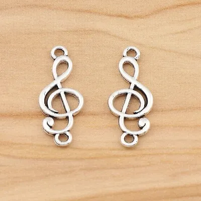 50 Antique Silver Music Note Treble Clef Connector Charms Pendants 24x10mm • $4.82