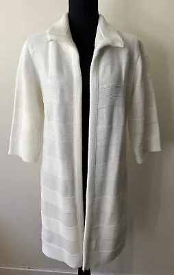 Vintage 70s Jolie Knitwear Long Open Front Ivory Sweater Coat Contrast Knits S/M • $22