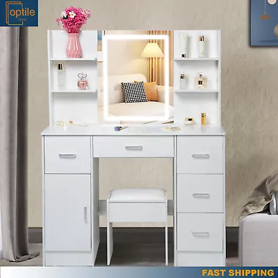 Vanity Table LED Light Mirror 5 Drawers Makeup Dressing Desk Bedroom White US • $198.83