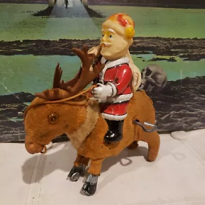 Vintage 1950s Santa & Reindeer  Wind-Up Tin Toy Works • $35