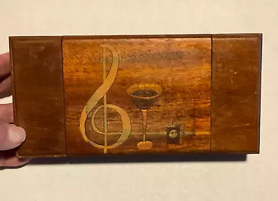 MCM 1950s Walnut Box Featuring Multi-Wood Inlaid Treble Clef Martini Cigarettes • $14.95