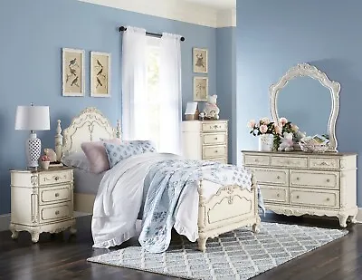 Dreamy Antique White 4 Pc. Full Bed N/s Dresser Mirror Bedroom Furniture Set • $1799