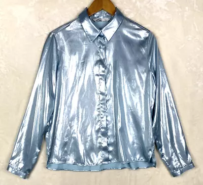 Zara Blouse Women's Medium Metallic Baby Blue Long Sleeve Lightweight Disco Top • £24.12